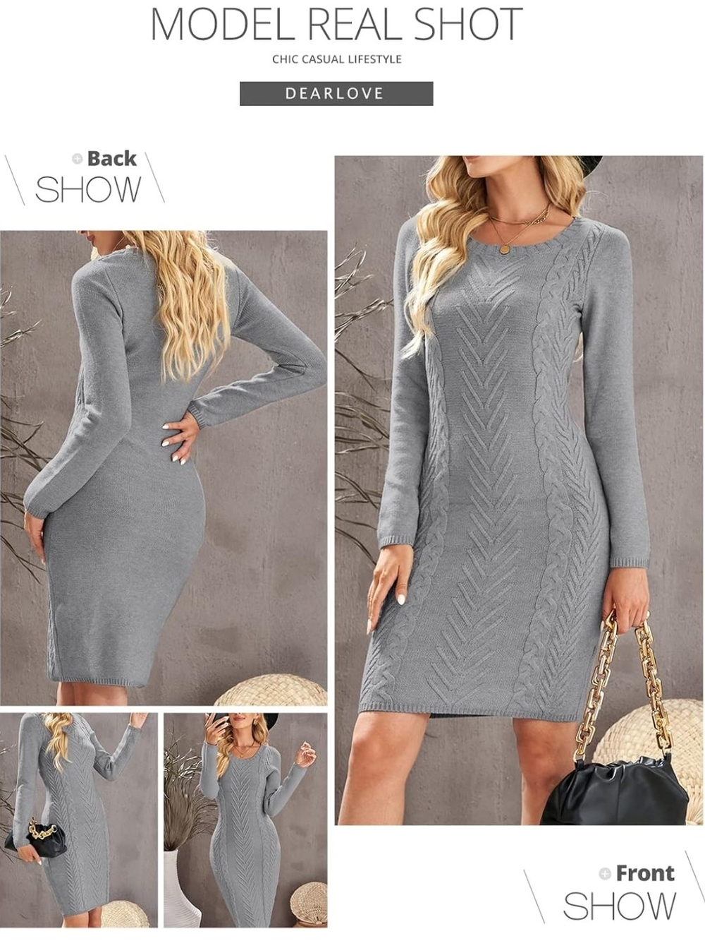 Amazon Gray Cable Knit Long Sleeve Sweater Dress - Size Med